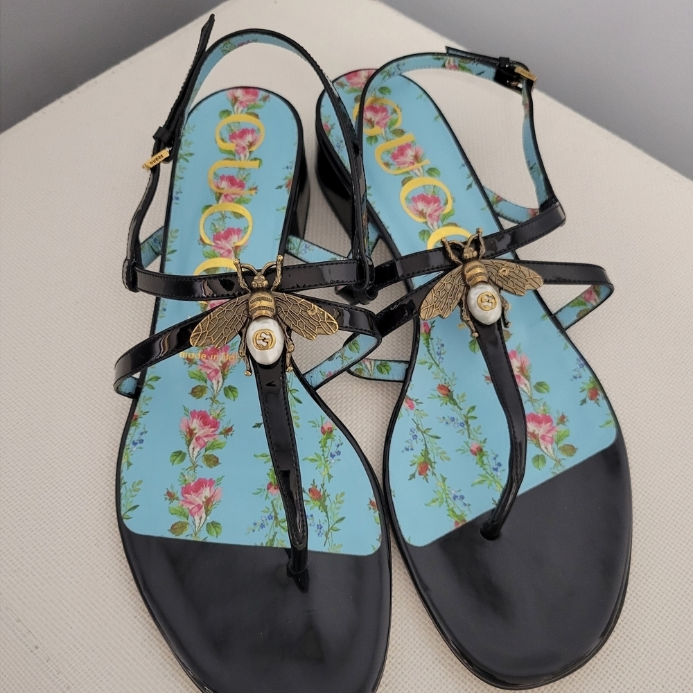 Gucci Black Sandals with Gold Bee Detail - Picture 2 of 8